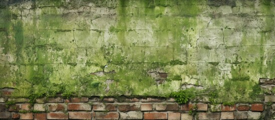 A brick wall texture with algae stains providing a picturesque horizon for background image or...