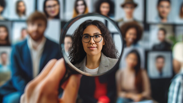 HR, Human Resources Targeting Concept. Focused Woman Highlighted by Magnifying Glass. Close-up view of a focused woman seen through a magnifying glass among a diverse group of people. HRM CRM,