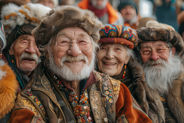 A group of elderly people at a festival of traditional national costumes. The festival serves as a...