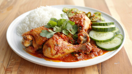 Fototapeta premium Delicious malaysian chicken curry with jasmine rice, fresh cucumber, and cilantro garnish, presented on a white plate