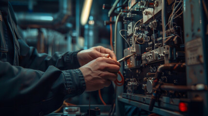 Focused technician uses precision tools to repair and maintain electronic control systems in an industrial setting.
