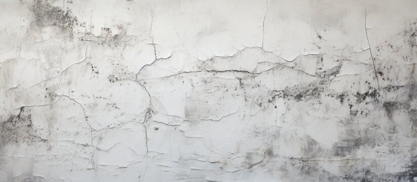 A background copy space image of a white cement wall with textured stains and cracks