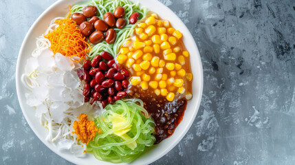 Traditional malaysian shaved ice dessert, ais kacang, with assorted toppings served in a white bowl on a grey table