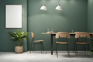  Modern kitchen and dining room on empty green wall background- 3D rendering 