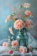 Flowers painting, artistic decoration flower in jar oil painting vintage art decoration ideal for print