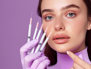 Cosmetic Procedure: Girl Model with Ten Small Syringes, Pastel Purple Background