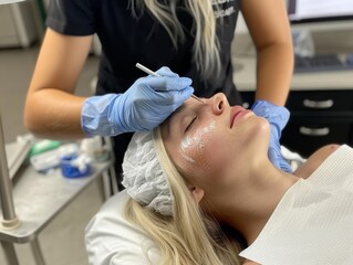 Professional Aqua Peeling Treatment: Blonde Girl on Dermal Doctor's Table
