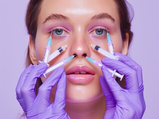 Cosmetic Procedure: Girl Model with Ten Small Syringes, Pastel Purple Background