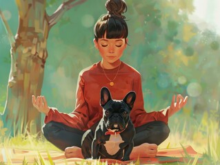Bob-Haired Girl and French Bulldog Doing Yoga Together