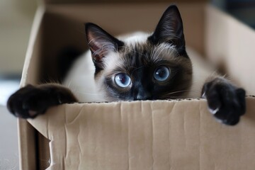 Portray the playful nature of a Siamese cat nestled in a cardboard box Focus on its endearing eyes...