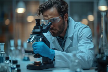 Scientist with microscope in a modern lab. The scientist's steady hand adjusts the microscope, ready to unlock new discoveries.