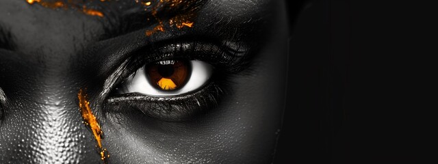 Banner with eyes of a black woman on the black background with copy space.