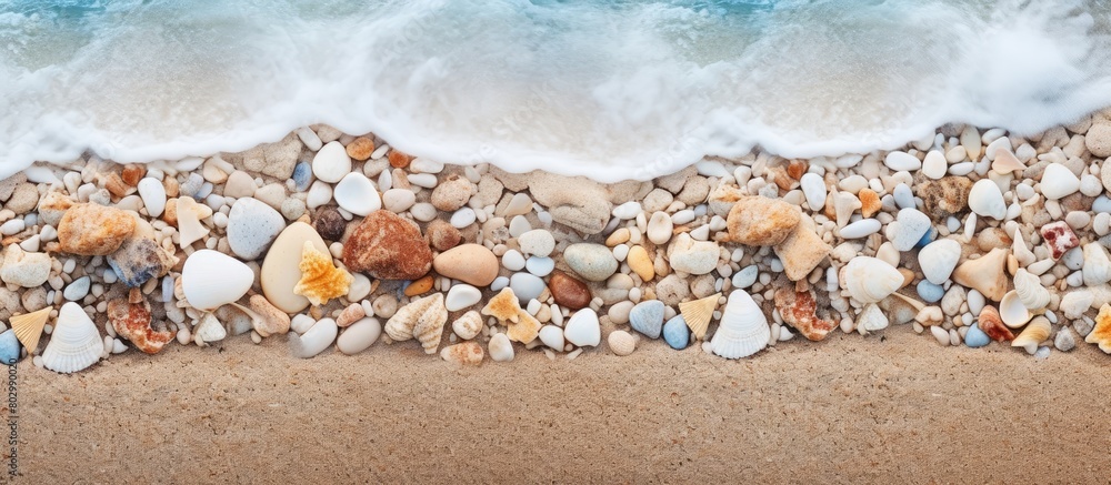 Poster a close up of a beautiful textured background on a summer beach with sand and small stones near the 