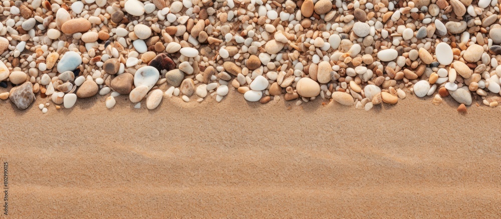 Wall mural A close up of a beautiful textured background on a summer beach with sand and small stones near the sea A copy space image