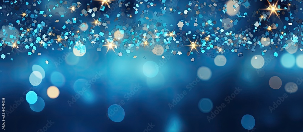 Aufkleber A festive blue background with sparkling confetti stars and bokeh lights creating a vibrant holiday atmosphere The flat lay perspective captured from above offers a copy space for various occasions s