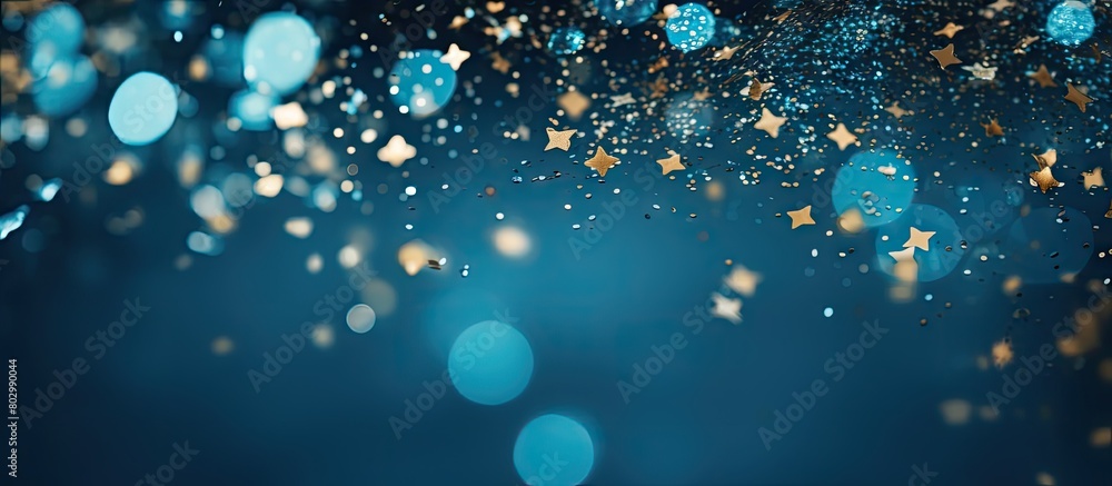 Poster a festive blue background with sparkling confetti stars and bokeh lights creating a vibrant holiday 
