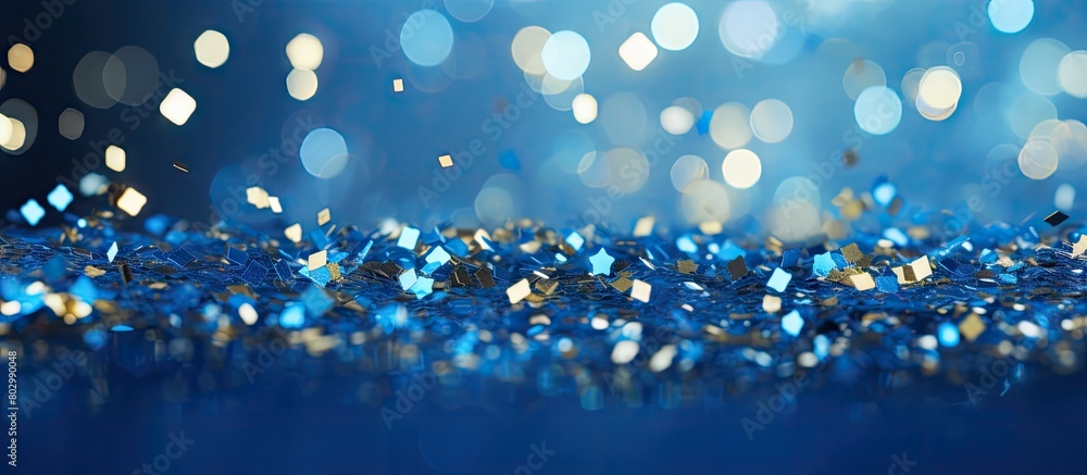 Poster a festive blue background with sparkling confetti stars and bokeh lights creating a vibrant holiday 
