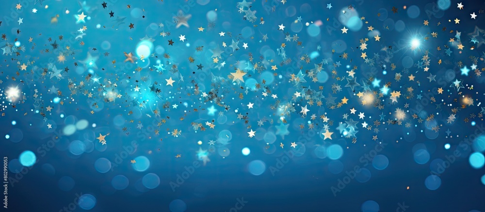 Aufkleber A festive blue background with sparkling confetti stars and bokeh lights creating a vibrant holiday atmosphere The flat lay perspective captured from above offers a copy space for various occasions s