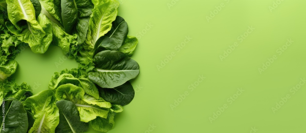 Poster a creatively arranged flatlay with romaine leaves on a green background creates a salad flat design 