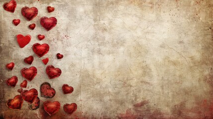 Valentine's day background with red hearts on old paper texture - Powered by Adobe