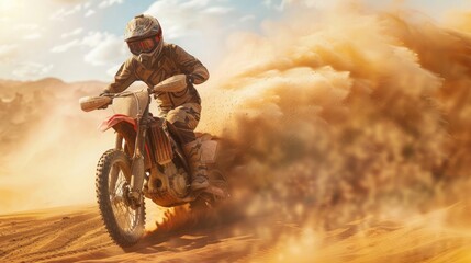 Extreme motocross on sand dunes dynamic concept art, motorcycle sport illustration, generative ai