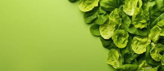 A creatively arranged flatlay with romaine leaves on a green background creates a salad flat design...