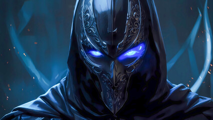 Mysterious and eerie villain wearing a black cloak and mask with frightening glowing blue eyes on a dark background