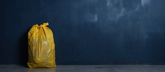 A copy space image of a yellow medical trash bag can be seen as it leans against a dark blue wall on the floor