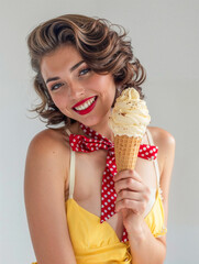 A smiling pin-up girl eating an ice cream cone, 50s fashion style