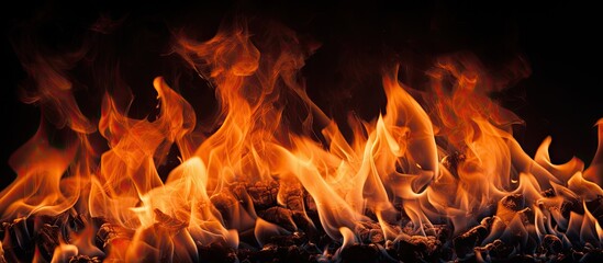A close up view of a vibrant orange fire burning against a dark black background giving the perfect copy space image
