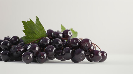 Cluster of glossy black currants with a vibrant green leaf against a white background, symbolizing organic freshness.