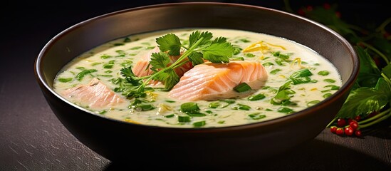 A delectable fish soup adorned with succulent salmon and pike enriched with a creamy texture and garnished with finely chopped fresh green onion The dish beckons with appetizing flavors and a visuall
