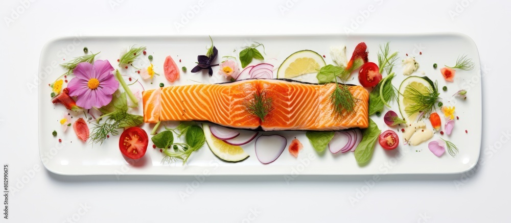 Poster A copy space image of a platter filled with salmon fish and various delightful ingredients arranged on a pristine white table