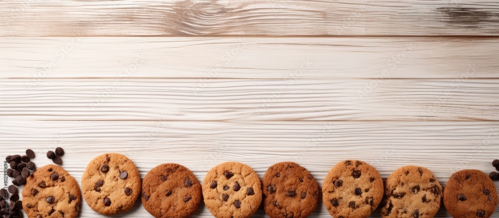 Aufkleber A border of oatmeal and chocolate drop cookies arranged on a white wooden background leaving copy space for the perfect dessert accompaniment to tea