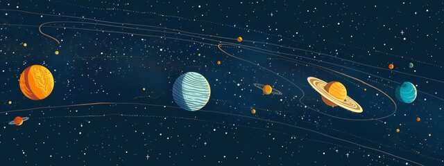 Illustrations of the solar system and its planets.