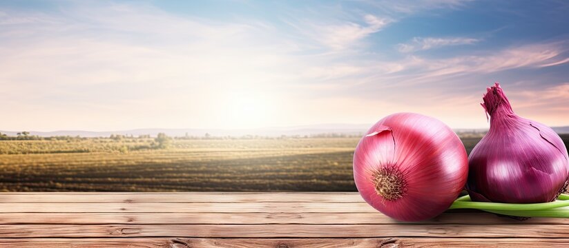 A copy space image of agriculture harvest featuring a red onion placed on a wooden table