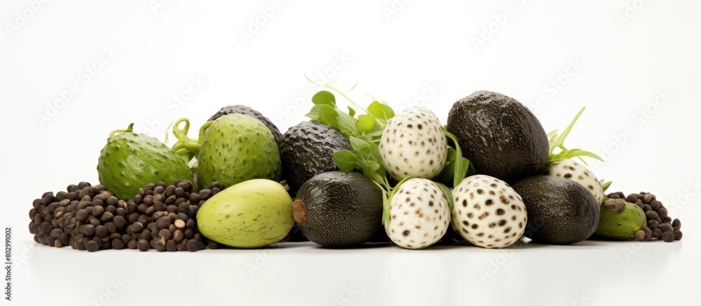 Leinwandbilder a delectable arrangement of quail eggs avocado and cucumber atop a white background with ample copy 