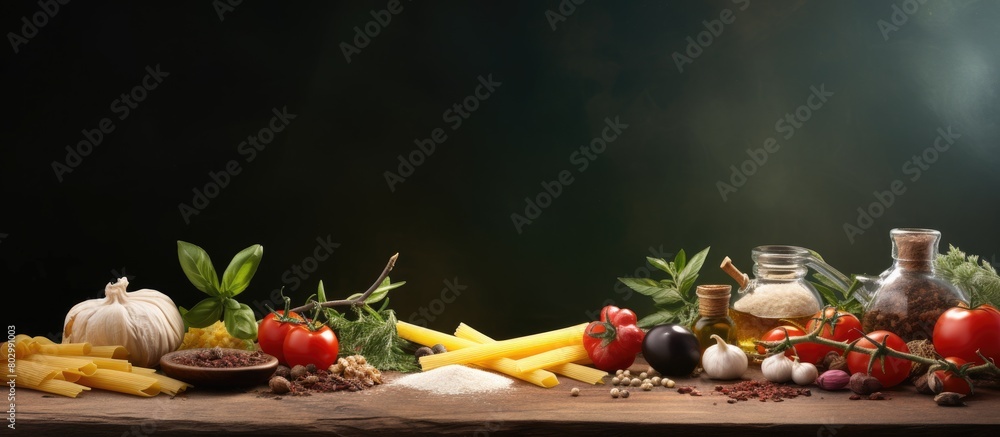 Poster a close up copy space image showcasing a vibrant italian food background with various pasta types an