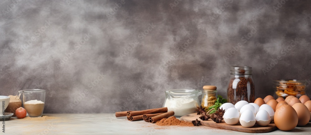 Aufkleber A baking background with a side view of ingredients for baking cake on a gray table including a rolling pin eggs spices and bakewares with copy space image