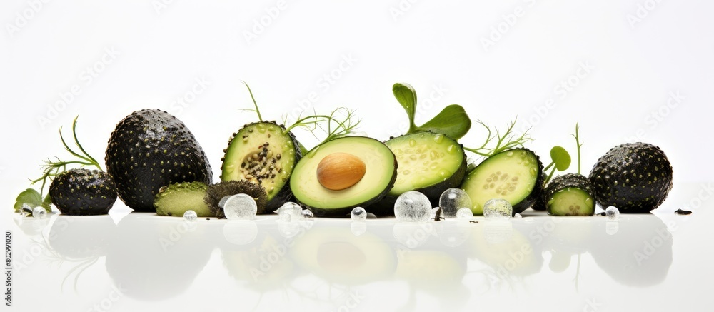 Poster a delectable arrangement of quail eggs avocado and cucumber atop a white background with ample copy 