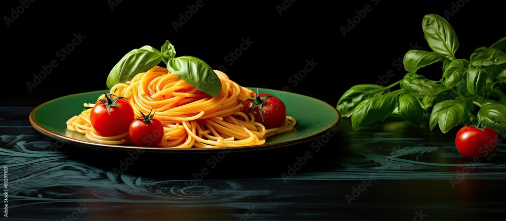 Poster A dish of spaghetti topped with ripe red tomatoes and fragrant basil leaves with an appealing copy space image