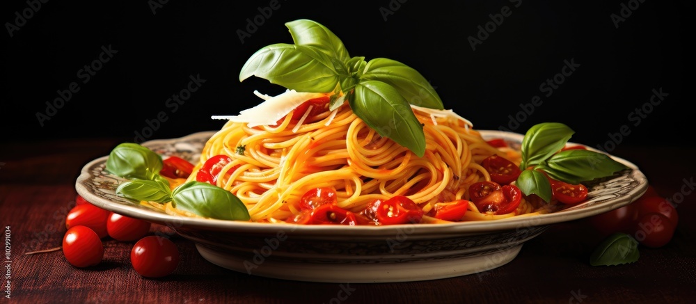 Aufkleber A dish of spaghetti topped with ripe red tomatoes and fragrant basil leaves with an appealing copy space image