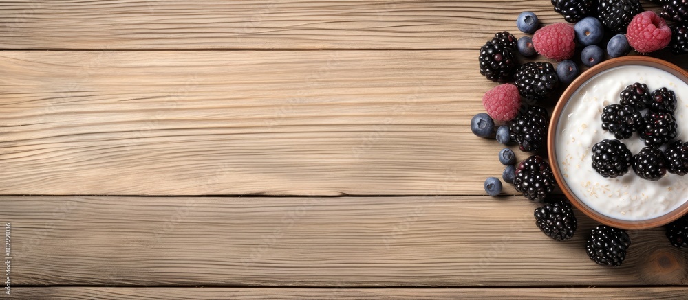 Poster a breakfast bowl of yogurt oatmeal blueberries blackberries and chia seeds is beautifully displayed 