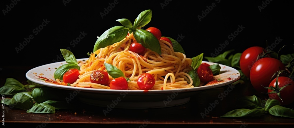 Aufkleber A dish of spaghetti topped with ripe red tomatoes and fragrant basil leaves with an appealing copy space image