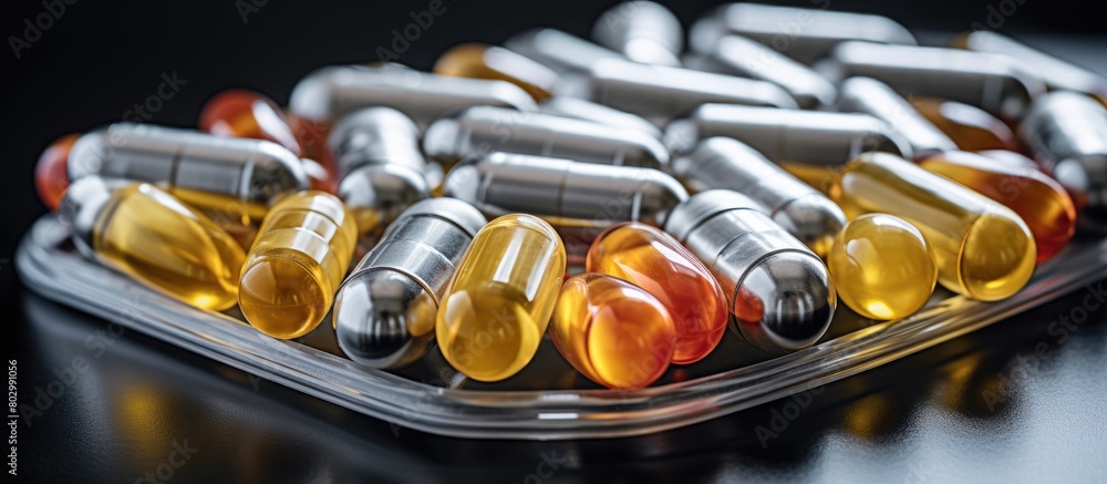 Poster a closeup of dietary supplement capsules neatly packaged in blister packs on a grey table there is a