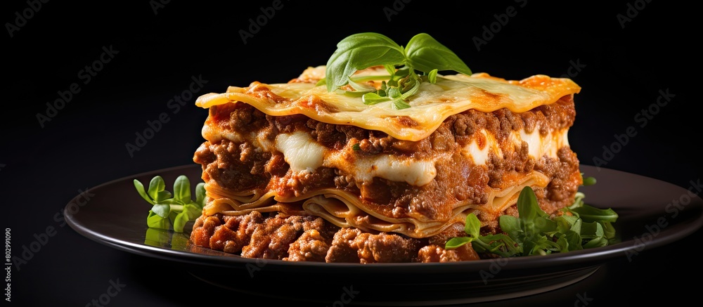 Poster A delicious lasagna on a grey background with ample empty space for a copy space image