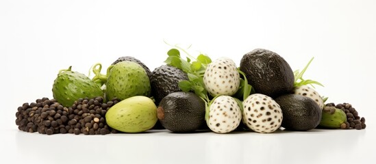 A delectable arrangement of quail eggs avocado and cucumber atop a white background with ample copy space image