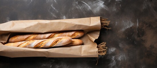 A copy space image of baguettes placed in a paper bag resting on a smooth and neutral grey surface as seen from above - Powered by Adobe