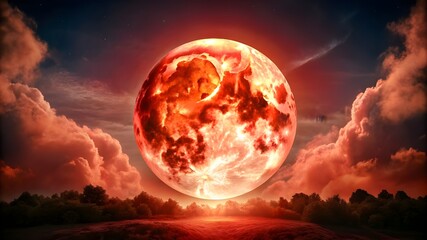 full moon of red ligthHeatwave hot sun Climate Change. Global Warming.