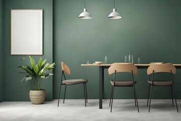 Fototapeta premium Modern kitchen and dining room on empty green wall background- 3D rendering 